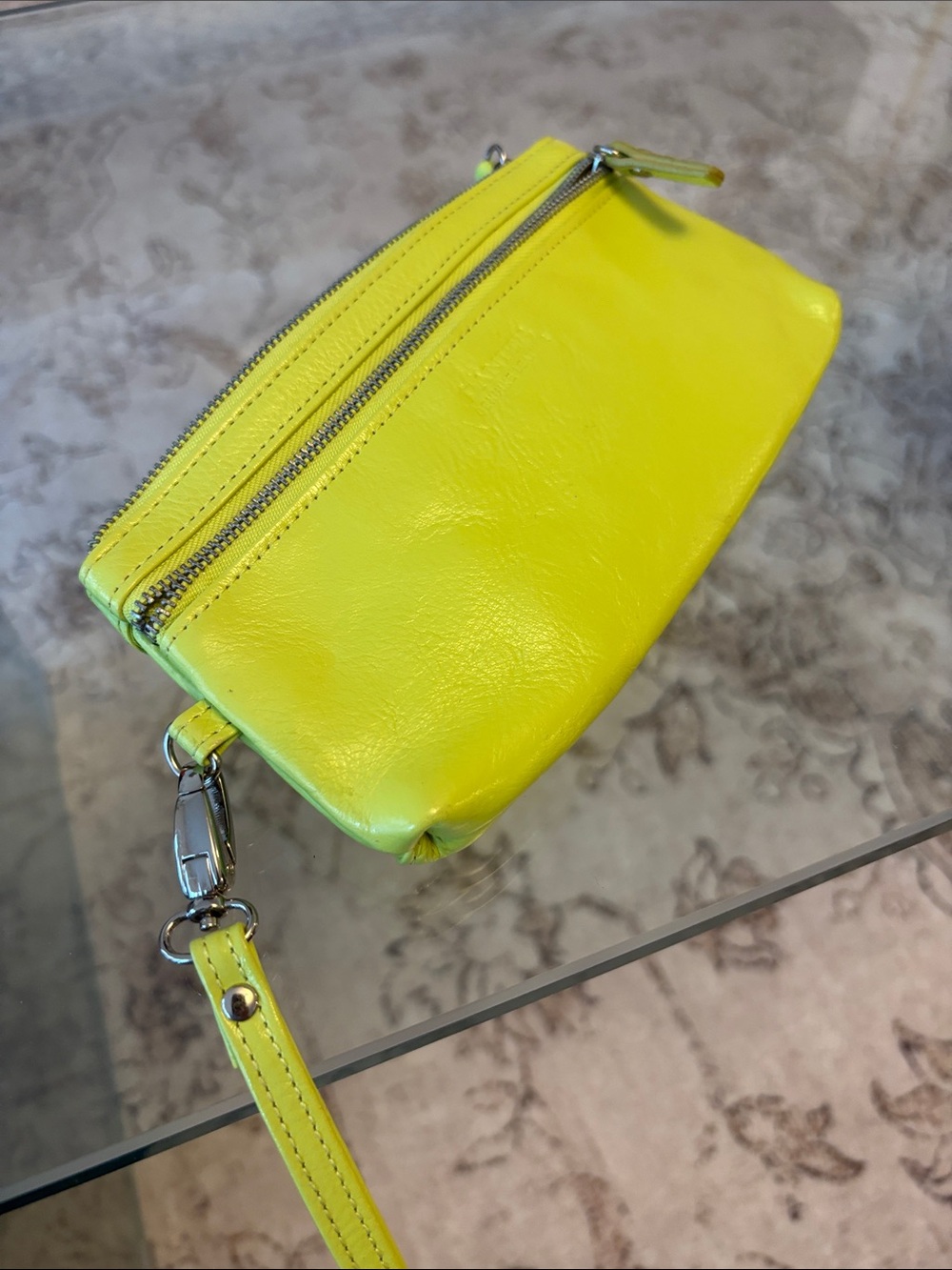 Danier - Neon Yellow Leather Double-Zip Wristlet Wallet